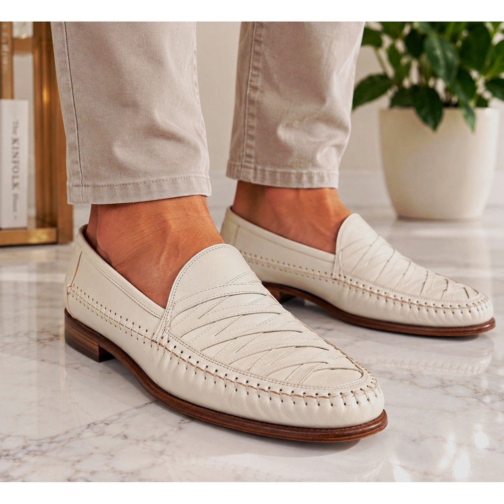 Brassboot White Leather Slip-On Loafers Handmade Almond Toe Mens 12 M 93114-07